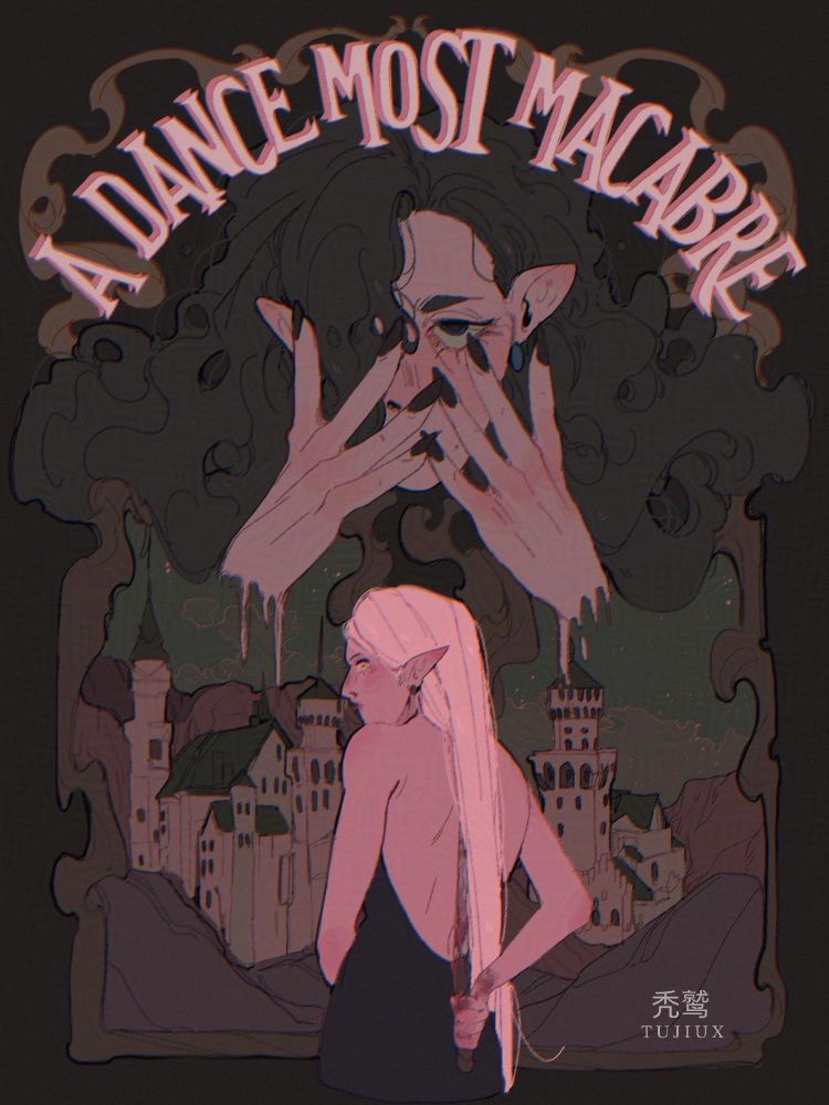 A gothic poster featuring my characters Renata and Prim. Renata is a floating head with her hands covering parts of her face as her hair merges into a frame of a castle scenery. Prim is holding a bloody knife behind her back and looking over her shoulder. The text reads: A Dance Most Macabre. 
