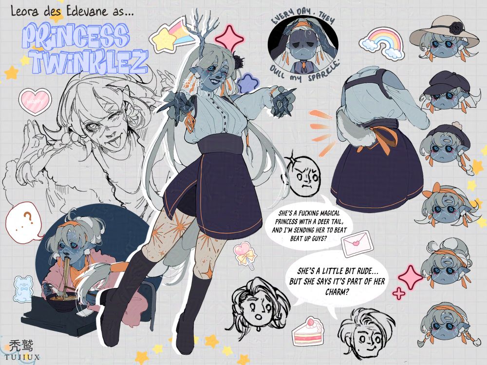 A sketch page of my character Leora in several sketches and rendered pieces. There is one of her tail highlighted and two speech bubbles that read out from chibis of her gang npc members: “she’s a fucking magical princess with a deer tail and I’m sending her to beat up guys?” And “she’s a little bit rude… but she says that’s part of her charm?” 