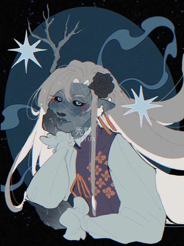 A bust portrait of my oc Leora who has her hand squishing her cheek as she looks at the viewer