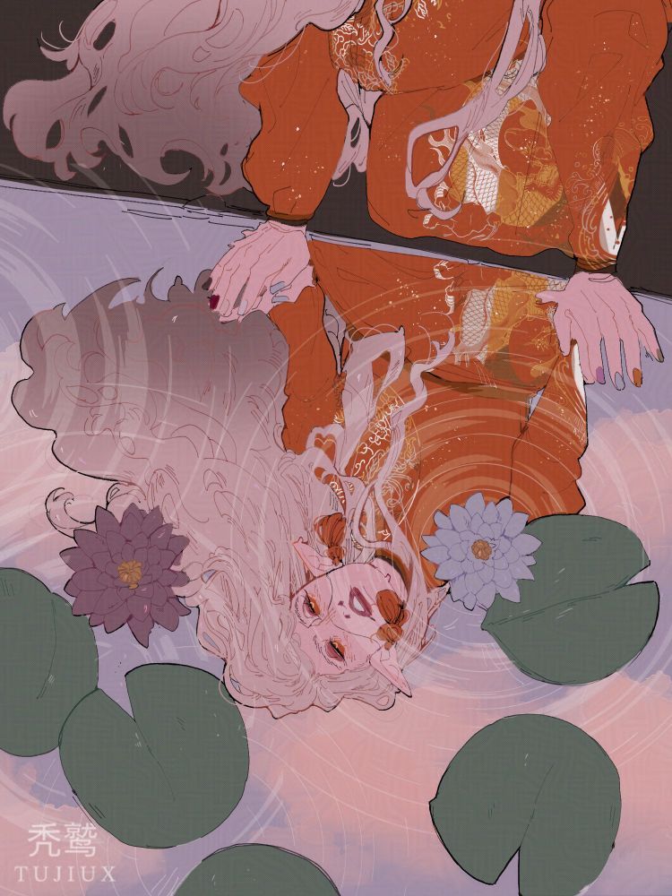a woman stares into her own reflection in the waters where there are two lotuses rippling in the water
