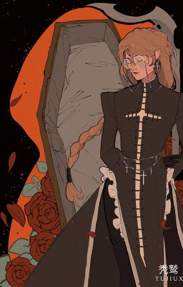 an illustration for a character named ywain. he's standing with his arms behind their back, there is an open coffin and roses decorating the piece. 