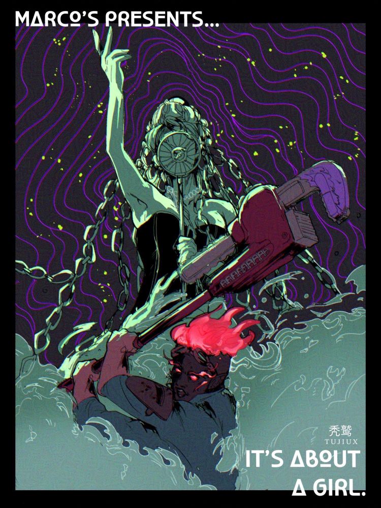 A poster illustration of a 4 armed flame genasi with a giant wrench. She’s wreathed in blue flame with an angry expression as another woman sings above her 