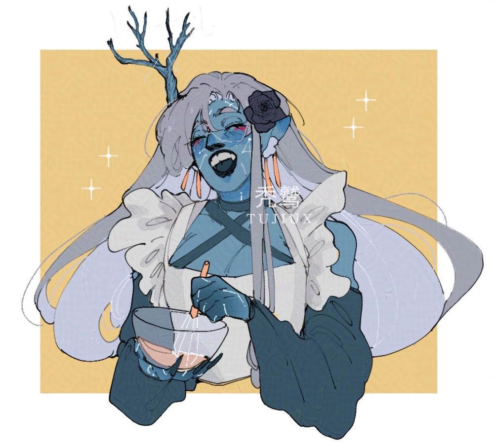 A blue skinned woman is whisking and has a big smile