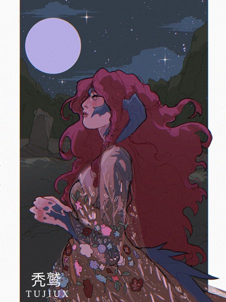 A scaled (xaela au’ra from ff14) femme is looking up into the sky with a full moon and stars. 