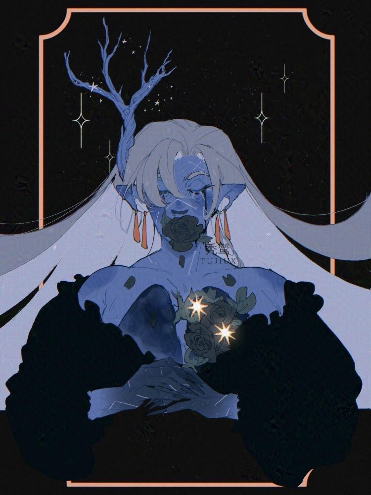 A blue character has her fingers steppled over a dress made of negative space. An imagery of her lungs is filled with black roses and brambles and two bright stars. She has a rose coming out of her mouth as well.
