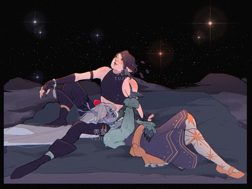 Leora and Absi stargazing in a desert landscape with blue and orange stars. Leora is laying on their lap and pointing to the stars. 