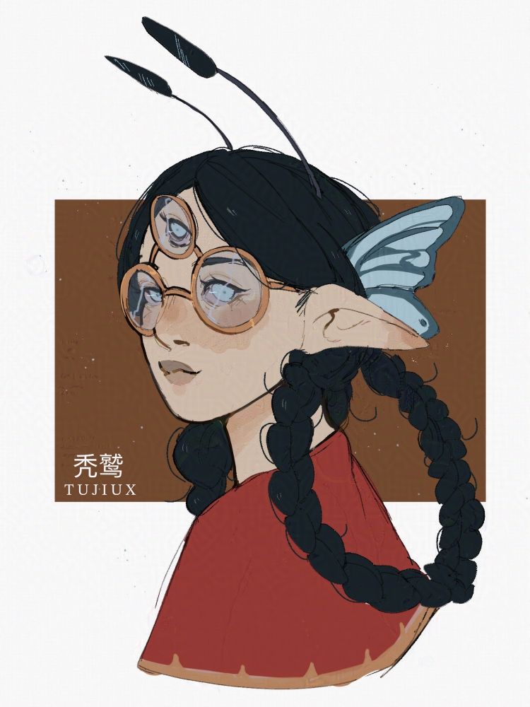 A bust drawing of a woman with butterfly features and a third eye 
