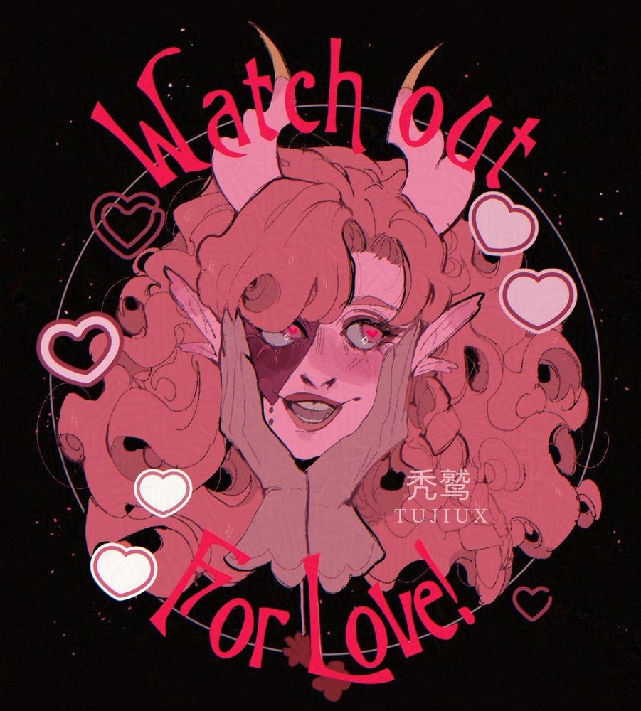 A headshot of a pink tiefling named Darling. The circular text reads: Watch out for Love! 