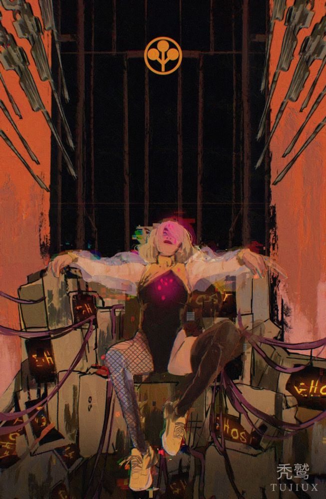 Holograph of Blonde oc sitting on a throne of crt monitors saying ghost as rows of guns aim at her and her chest.