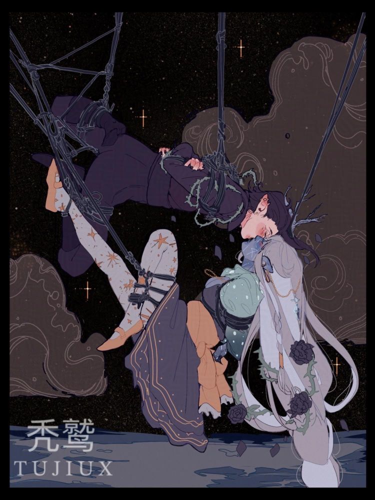 two characters hanging in the air with Shibari ropes as they kiss. They hang over the waters with clouds in the distance. They are covered in vines and brambles of roses and thorns. 