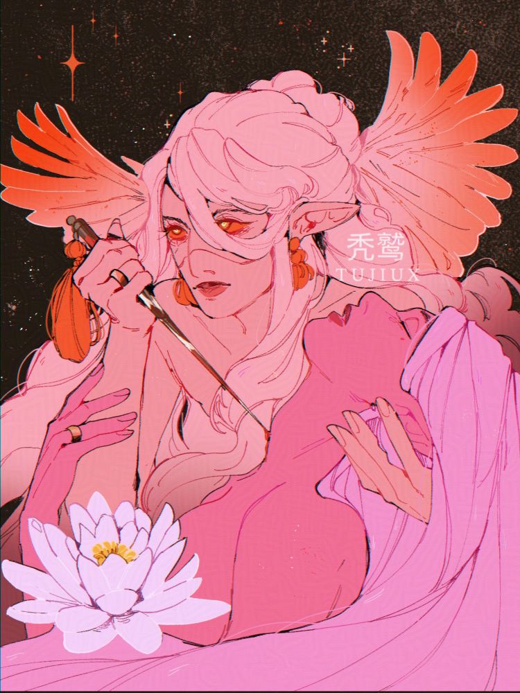 Two pink skinned characters are in an embrace, there is a knife pointed at the others neck and is drawing blood. There are wings sprouting out of her head and a lotus blooming. 

Primavera had to fight the old version of herself, and she told her older self that she had no intention of following her footsteps back into the grave. 