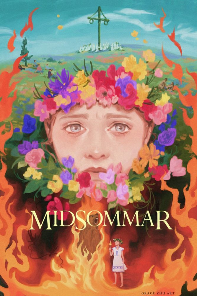 Painting inspired by the movie Midsommar by Ari Aster, prominently featuring the main character as the May Queen surrounded by flowers, along with details inspired by scenes in the movie