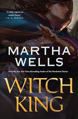 The cover of Witch King by Martha Wells, a brown-skin person in a blue and purple cloak doing magicky hand things
