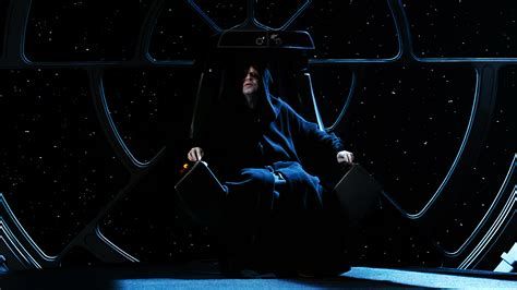 emperor palpatine in return of the jedi sitting in a chair and looking evil, waiting for the story to come
