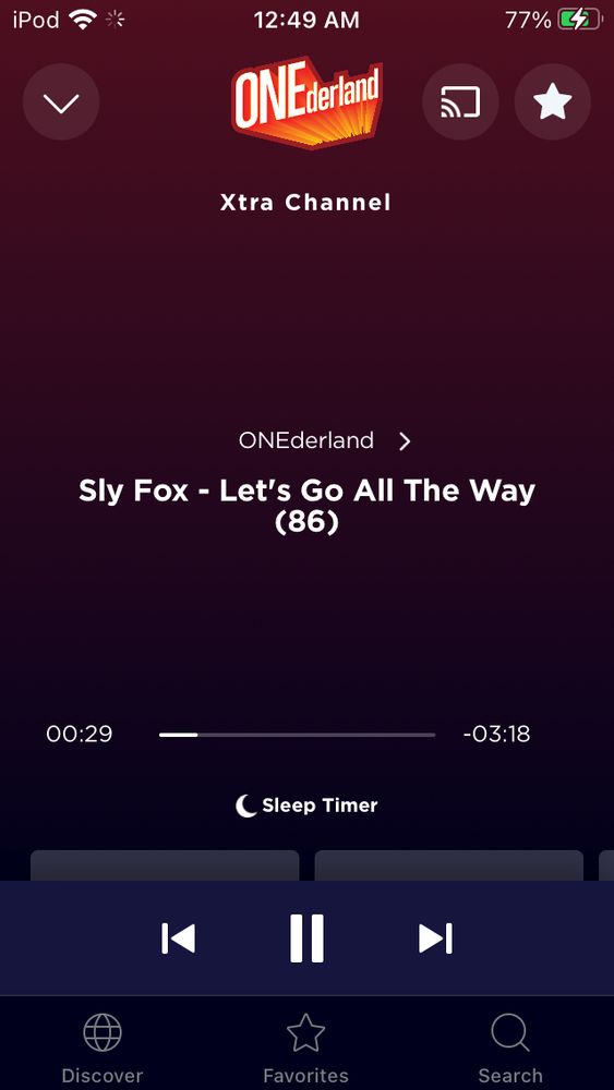 Screenshot from the SiriusXM app of Sly Fox’s Let’s Go All the Way from 1986 playing on their One Hit Wonder station called ONEderland