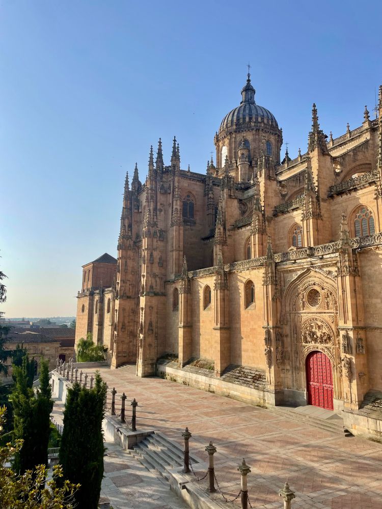 View of the cathedral in Salamanca bathed in golden morning light.