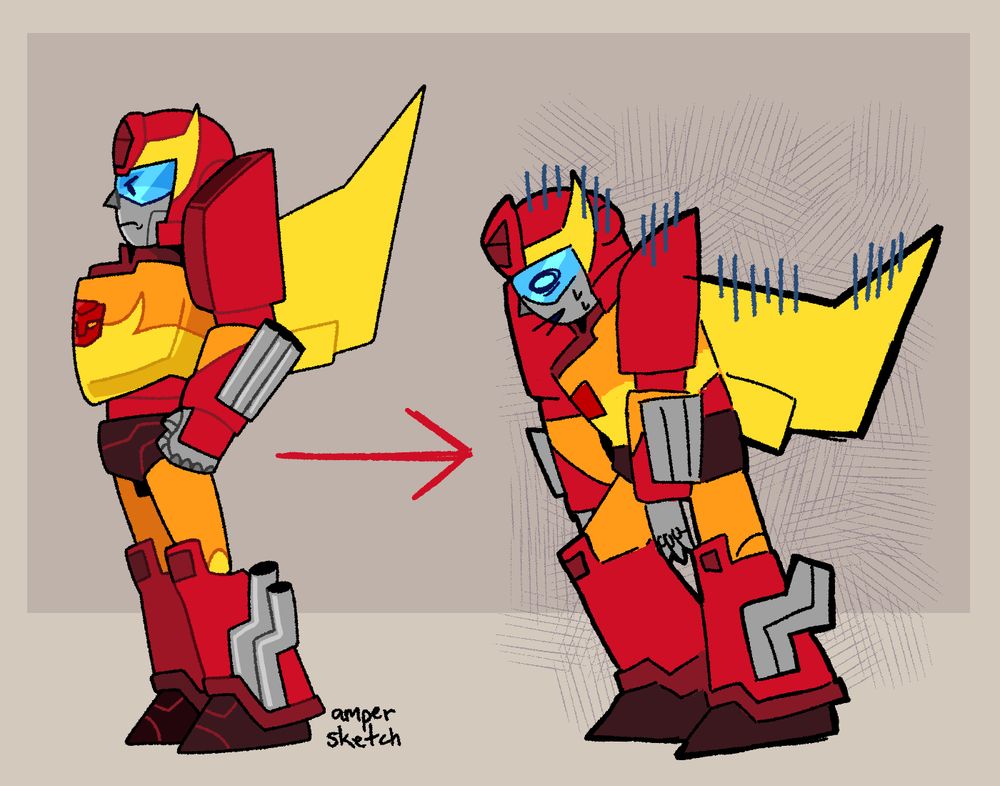 Rodimus Prime from Transformers. On the left, he's confident with his chest out. On the right, he's tired and is drawn more messily.