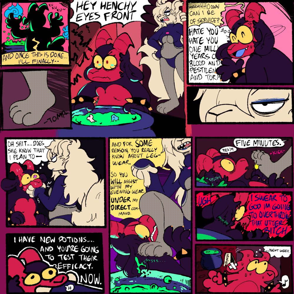 henchthing baphy scheming to upend gnarlie's evil queen somehow but is interrupted by a series of sexy commands that just seem to somehow complicate the whole usurping the throne thing. for some reason. its just weird. see you next week on a new episode