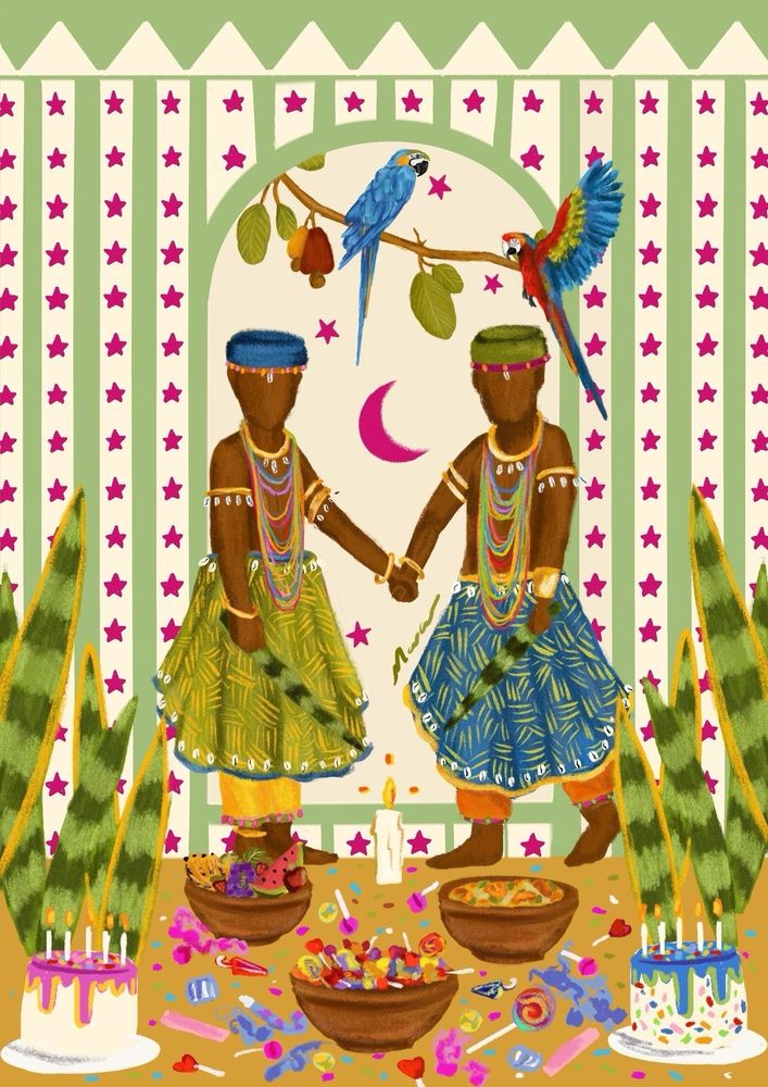Ilustração dos ibejis, as crianças das religiões de matriz africana
