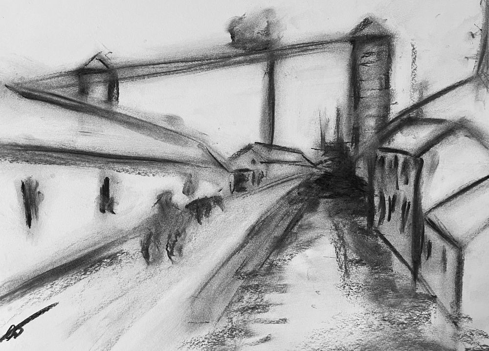 Desenho de uma pequena cidade com carvão 