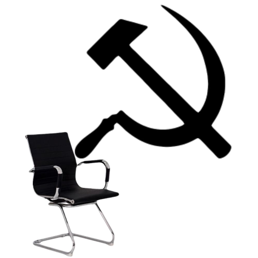 Cadeira preta igual à que o Datena bateu no Pablo Marçal e o símbolo do comunismo, com a foice e o martelo