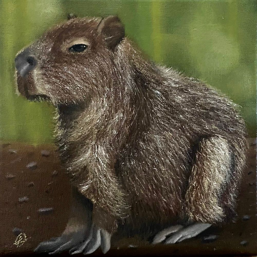 Pequena capivara ao lado de um lago esverdeado. Óleo sobre tela.