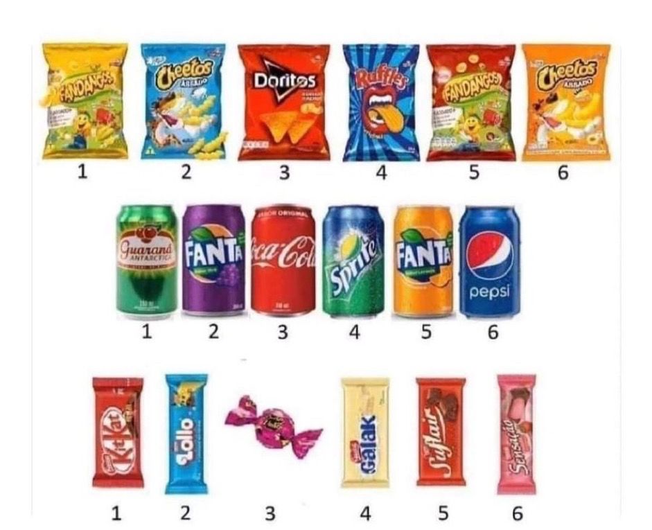 6 Salgados e Chips na primeira linha
6 Refrigerantes na segunda
6 chocolates na terceira