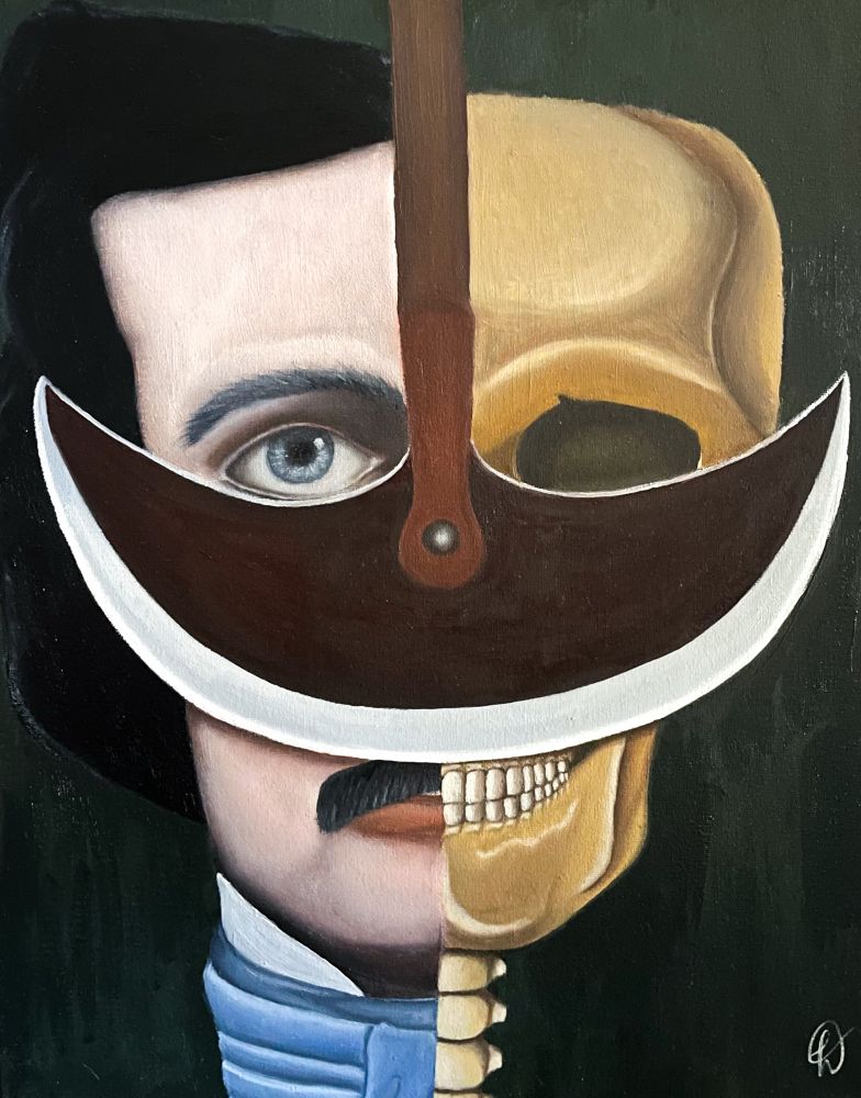 Edgar Allan Poe metade homem, metade caveira, com um pêndulo afiado na frente de seu rosto. Óleo sobre tela.