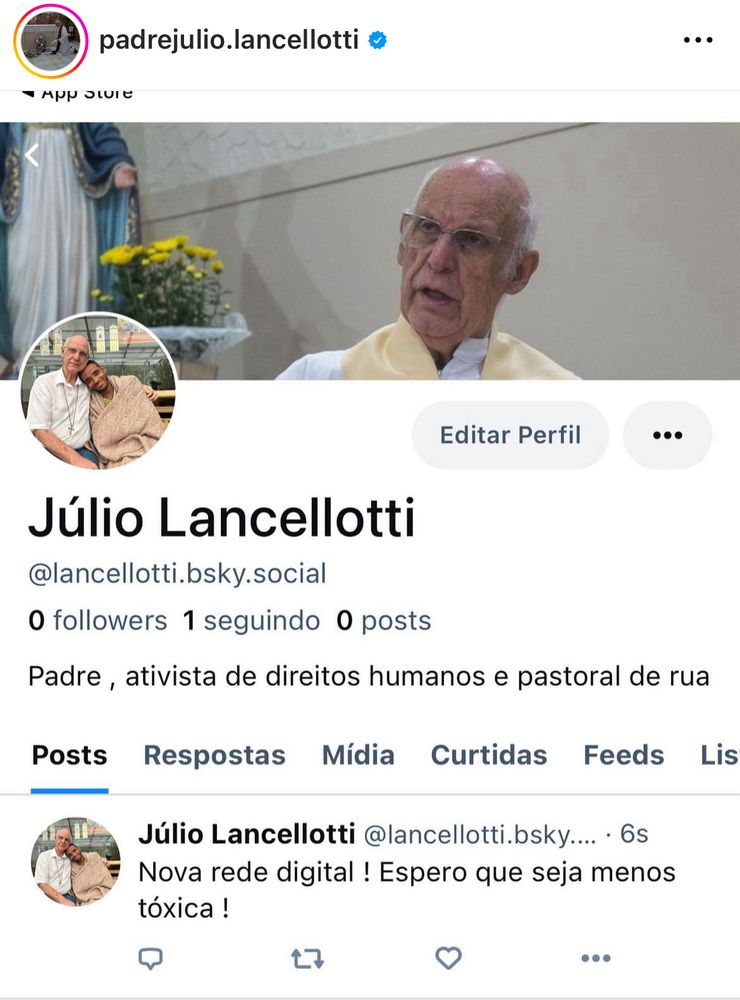 Print do perfil do padre Júlio Lancellotti falando que está no Bsky