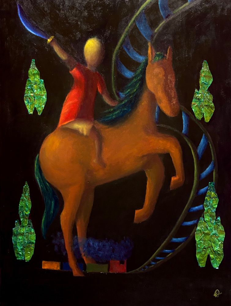 Jorginho é um menino negro com uma camisa vermelha e uma bermuda bege. Ele está montado em um cavalo e segura uma espada azul por cima da cabeça. Embaixo do cavalo, há um trem de brinquedo colorido, e o trilho do trem sobe e fica maior na tela. O fundo é um marrom arroxeado bem escuro, e ao lado há papéis de bala colados representando a planta “Espada de São Jorge”