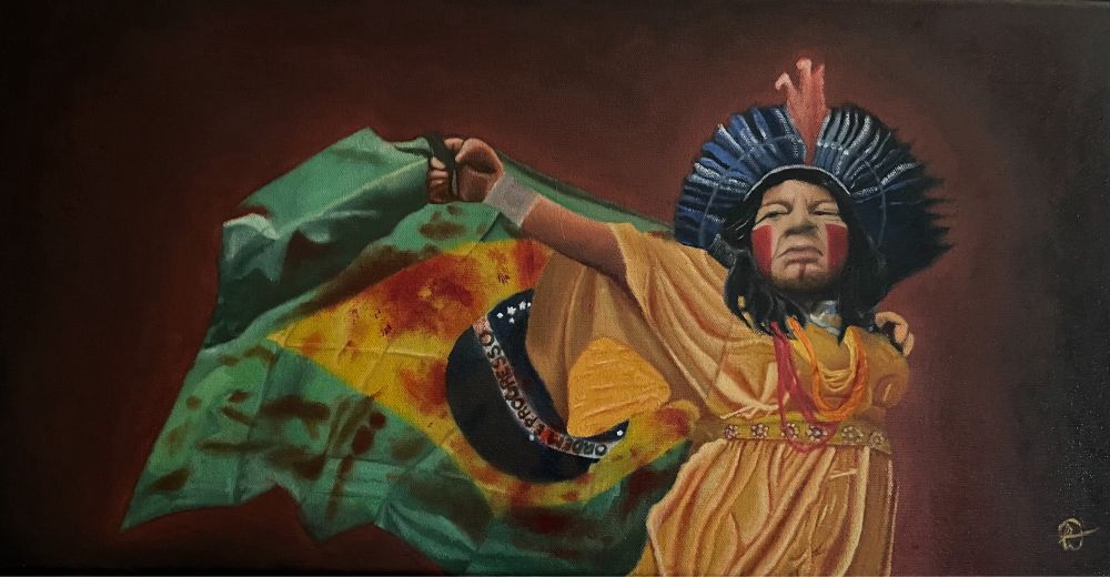 Ministra Sônia Guajajara segurando a bandeira do Brasil manchada de sangue. Óleo sobre tela. Esse quadro foi vendido.
