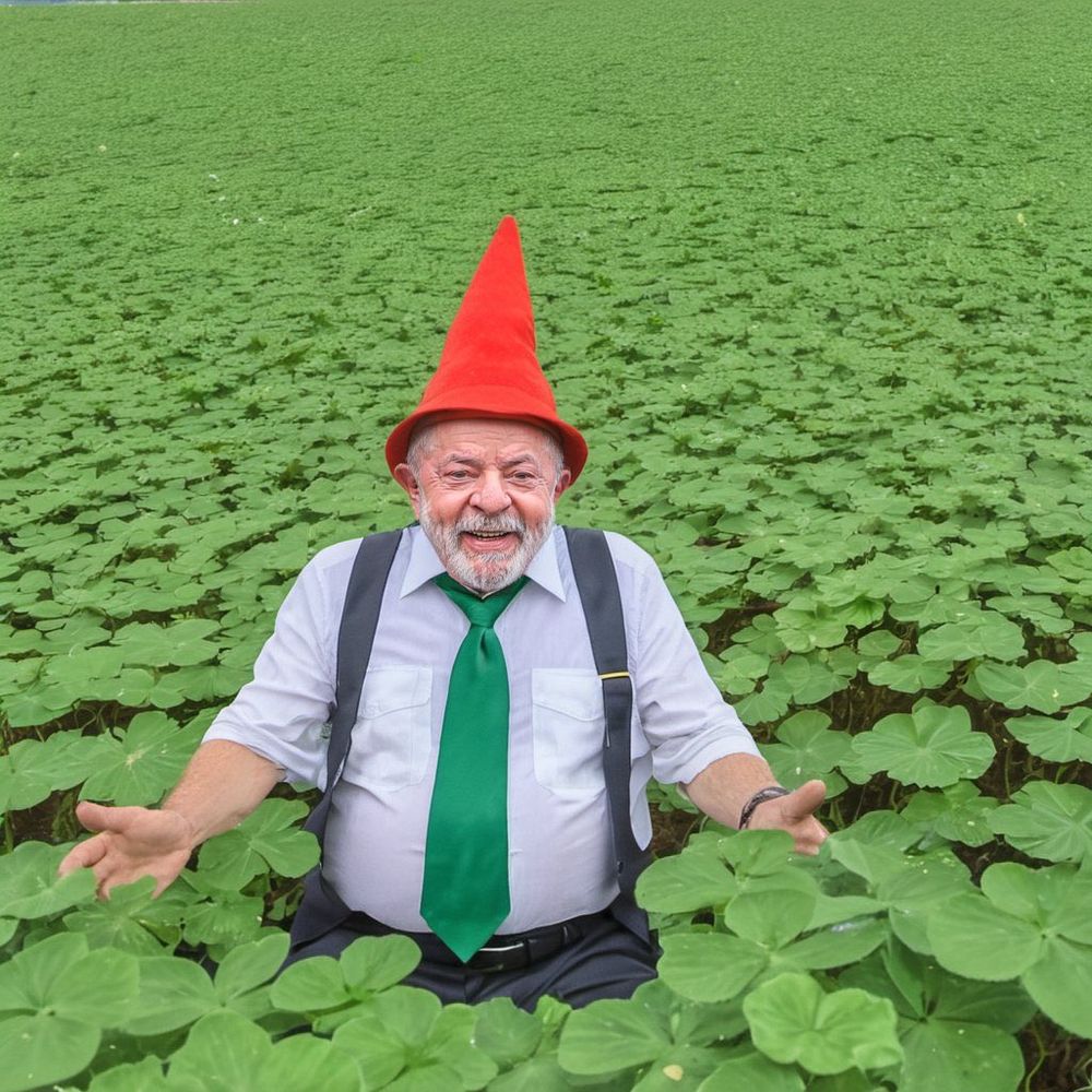 Imagem do presidente Lula feita em IA. Ele está com um chapéu pontudo vermelho, gravata verde, camisa azul clara, suspensórios e está no meio de um campo de trevos