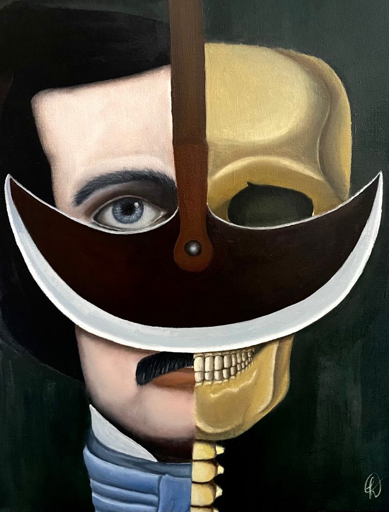 Edgar Allan Poe metade homem e metade caveira com um pêndulo afiado na frente