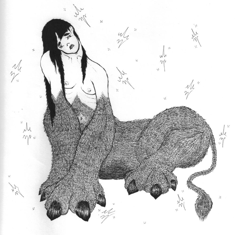 sphinx featuring humanoid upper body of sad looking person with long black hair. Forelimbs and body below the navel resemble and lion’s body with dark fur.