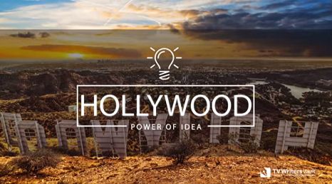 View from behind the Hollywood Sign looking toward sunrise. Text overlay says "Hollywood: Power of Idea"