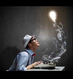 Screenwriter at manual typewriter with a lightbulb floating above typewriter, smoke trailing as the writer types.