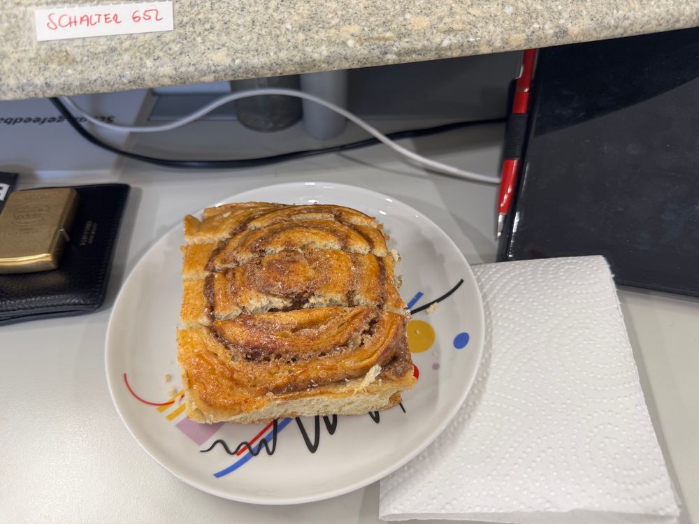 Eine große Zimtschnecke auf einem kleinen Teller. 