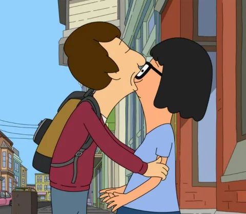 um personagem que eu esqueci o nome beijando a tina belcher de bobs burgers. ele está sugando o nariz dela. 