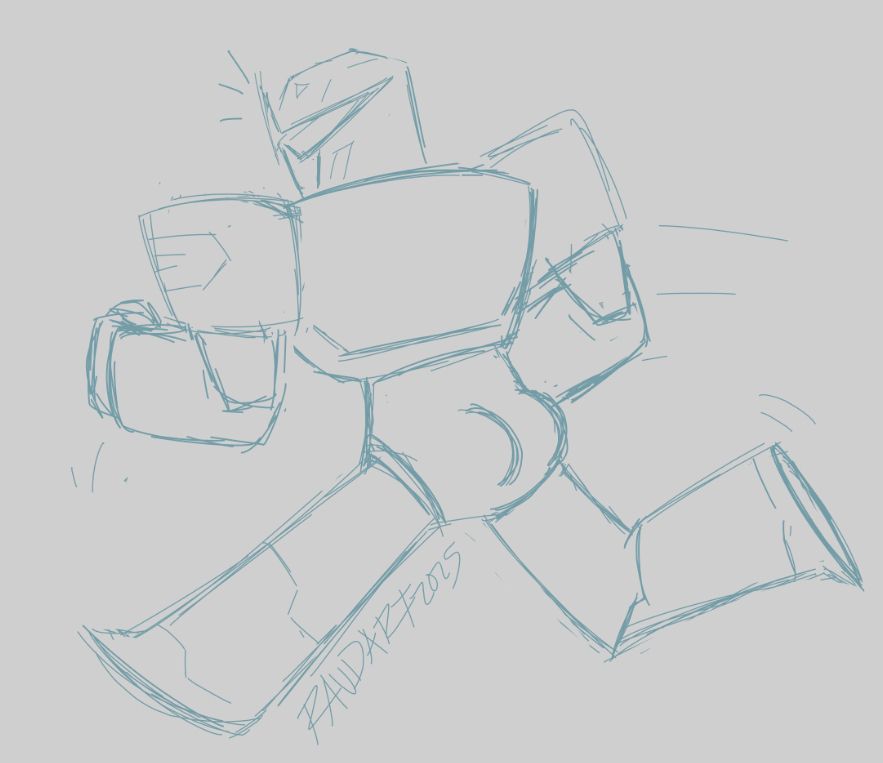 a doodle of soundwave from transformers animated in his original small frame, he is running away from the viewer, booty exposed