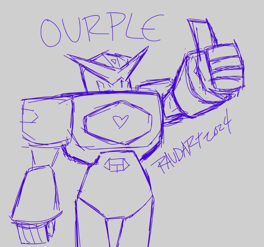 a doodle of soundwave from transformers animated, he is giving a thumbs up with the word "ourple" written above his head