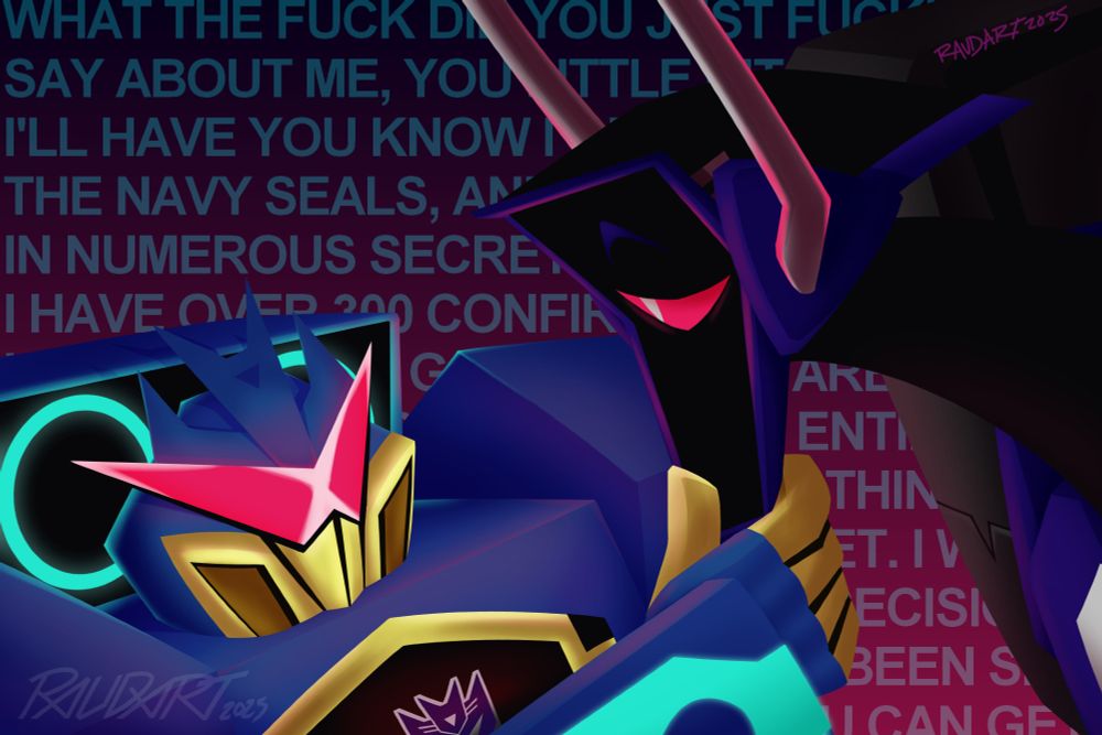 a colored illustration of soundwave and shockwave from transformers animated. soundwave is reaching to hold shockwave's chin and bringing his helm closer to his face. the background is the navy seal copypasta in blue text over a purple and pink gradient.