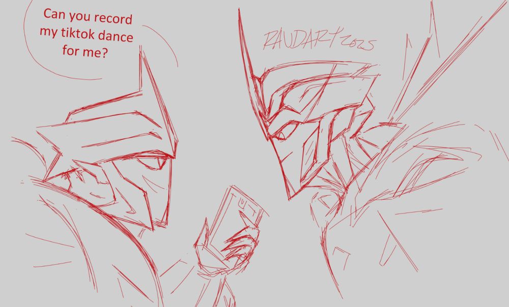 a doodle of knock out and starscream from transformers prime. knock out is holding his phone out to starscream, text above him reads "can you record my tiktok dance for me?"