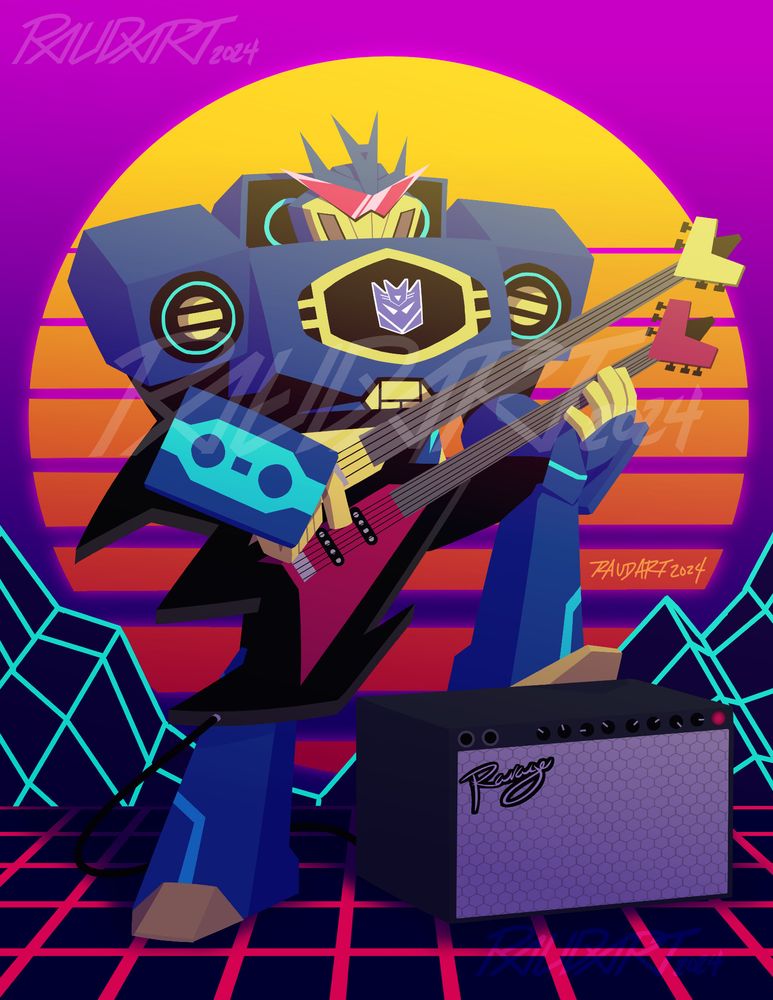 a brightly colored lineless illustration of soundwave from transformers animated, he is playing a double guitar while standing with one foot up on an amp. the background is a vaporwave sunset.