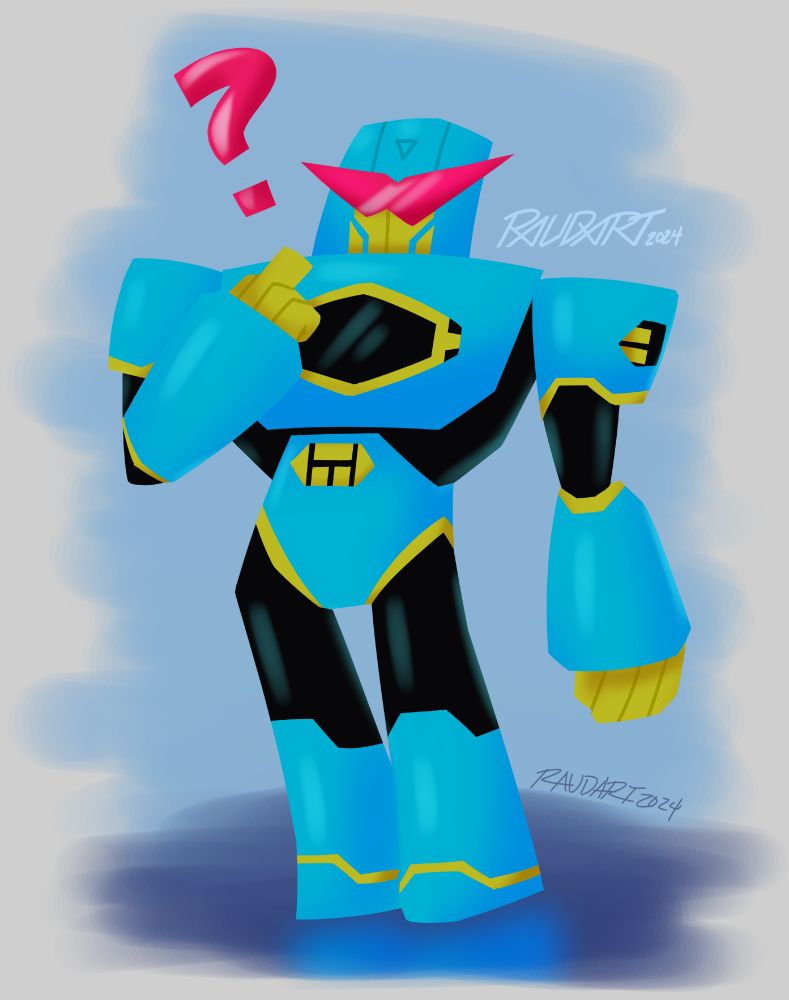 a simple lineless illustration of soundwave from transformers animated in his original smaller frame, he has a finger pointing to himself with a question mark above his head.