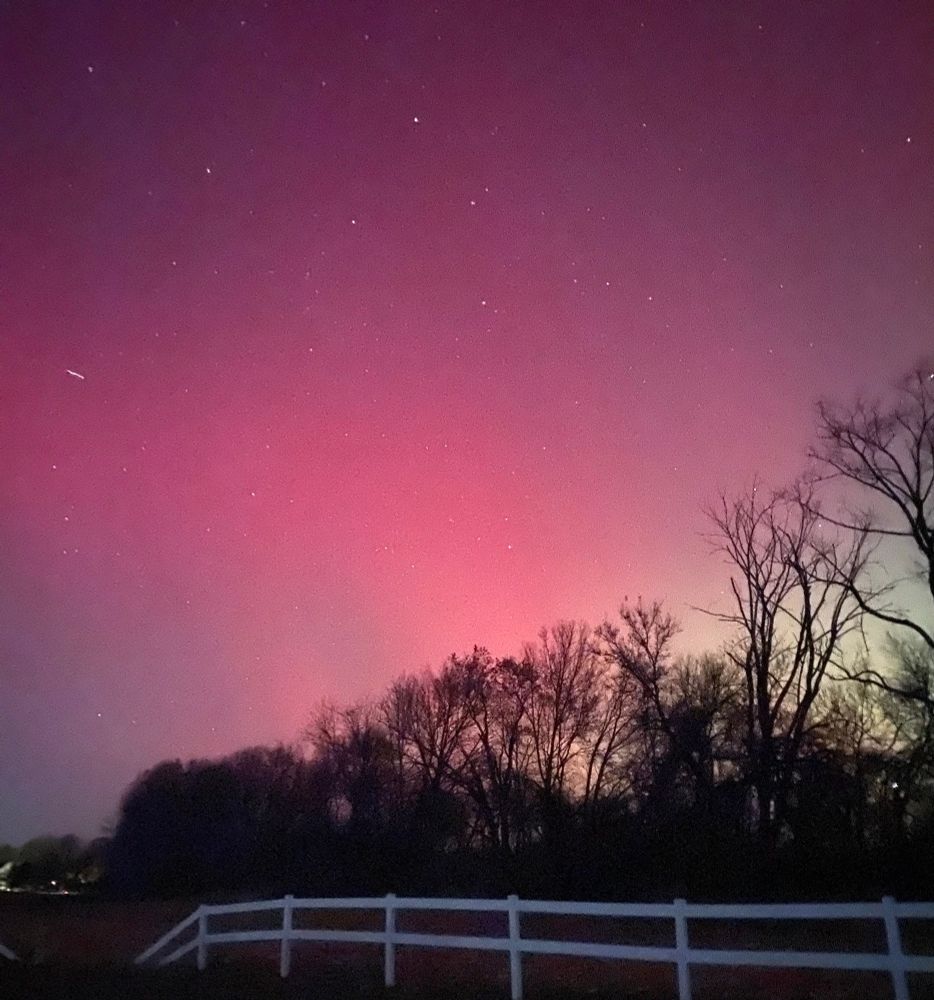 Pink lights in the night sky with a fence and trees in the foreground