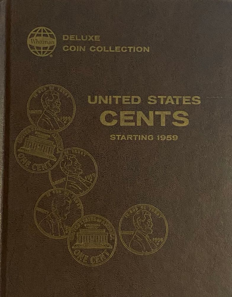 Brown cover with drawings of six US pennies. 

Text:
DELUXE COIN COLLECTION
UNITED STATES CENTS
STARTING 1959