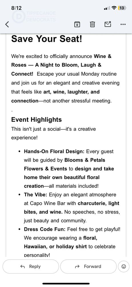 Save Your Seat!
We're excited to officially announce Wine & Roses — A Night to Bloom, Laugh & Connect! Escape your usual Monday routine and join us for an elegant and creative evening that feels like art, wine, laughter, and connection-not another stressful meeting.
Event Highlights
This isn't just a social-it's a creative experience!
• Hands-On Floral Design: Every guest will be guided by Blooms & Petals Flowers & Events to design and take home their own beautiful floral creation-all materials included!
• The Vibe: Enjoy an elegant atmosphere at Capo Wine Bar with charcuterie, light bites, and wine. No speeches, no stress, just beauty and community.
• Dress Code Fun: Feel free to get playful!
We encourage wearing a floral, Hawaiian, or holiday shirt to celebrate personalitv!