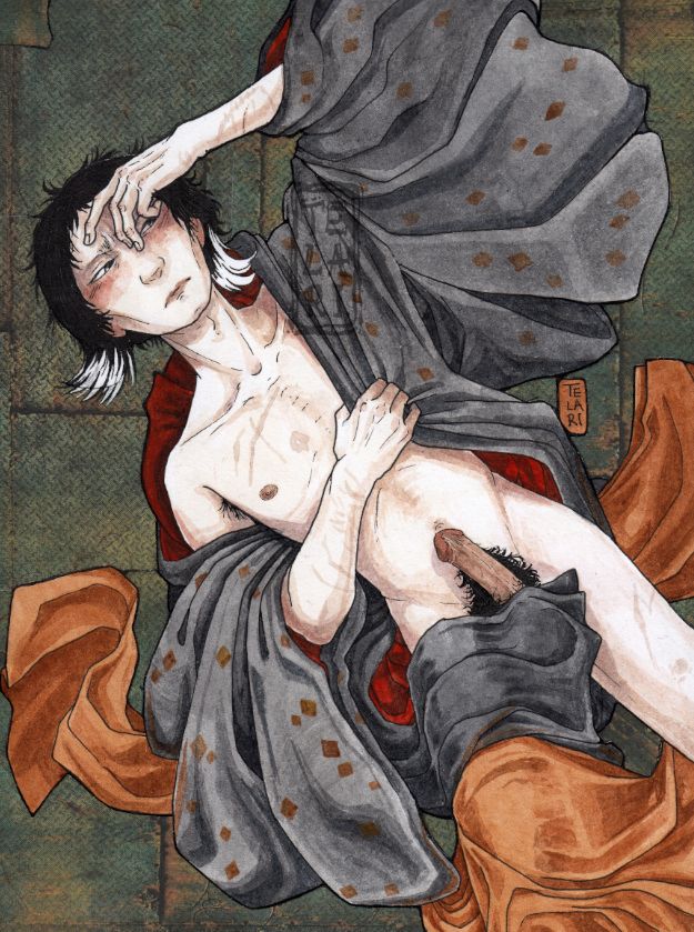 Watercolor painting of semi-nude Akutagawa from Bungou Stray Dogs manga/anime. The view is from above, showing him lying on a rusting, industrial, metal floor. He's wearing an undone kimono that is grey with tiny brown rhombus pattern on the outside, and red on the inside, and a copper-color sash. He is partly covering his blushing face, looking away to the side, and it's not a knife in his pocket. He has no pockets, actually.