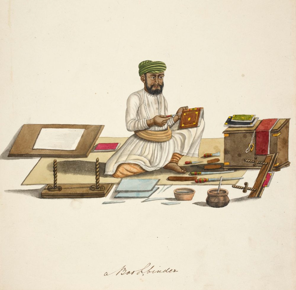 Company painting of a bookbinder by an artist from Kolkata/Murshidabad/Lucknow, some time between 1798 and 1804. British library, Add.Or.1111.