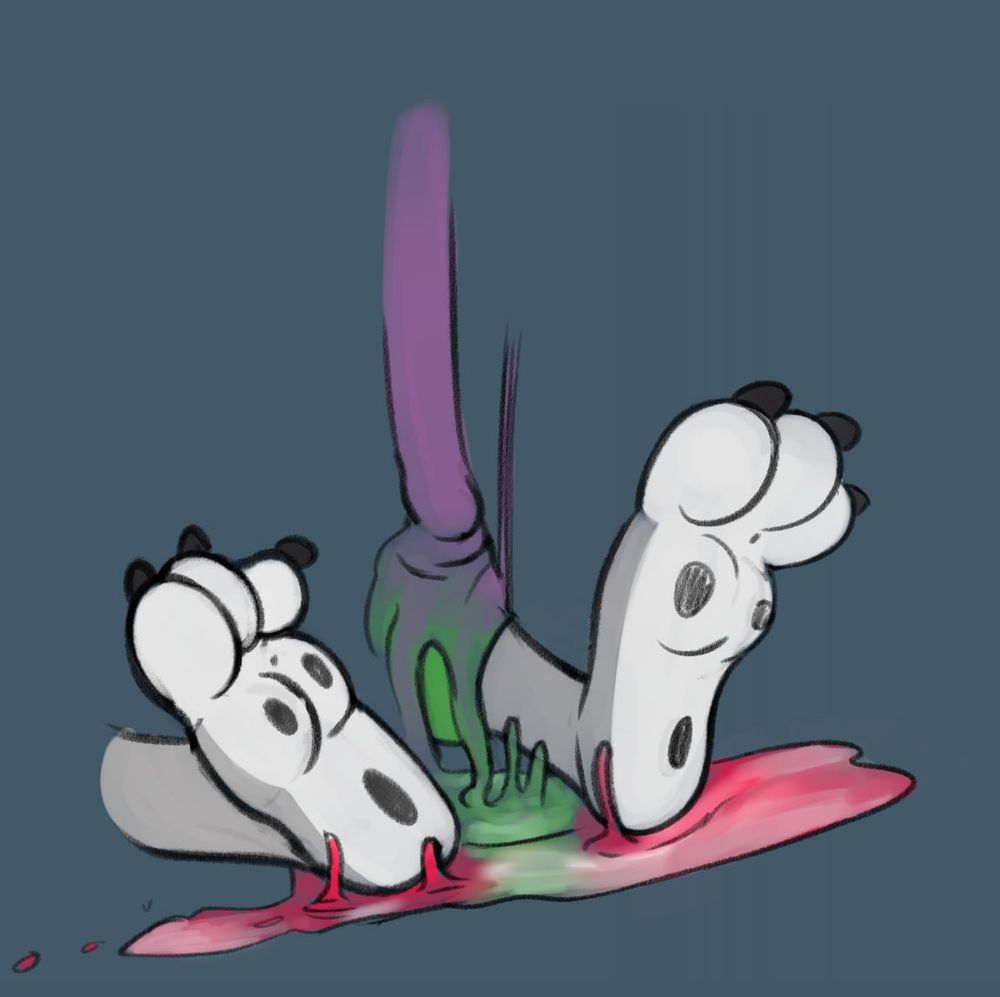 A pair of large toony wolf paws, colored like Chip the Wolf's, in a similar pose to the last panel. The Goop is purple where it is still pouring onto the leg, and the goop that has slid off the salmon and onto the floor has also pulled his original colors down into it, which are sloppily mixing together and diluting, losing their saturation. Some unchanged Salmon left can still be seen under the pouring purple goop. The changed legs are noticeably skinnier.